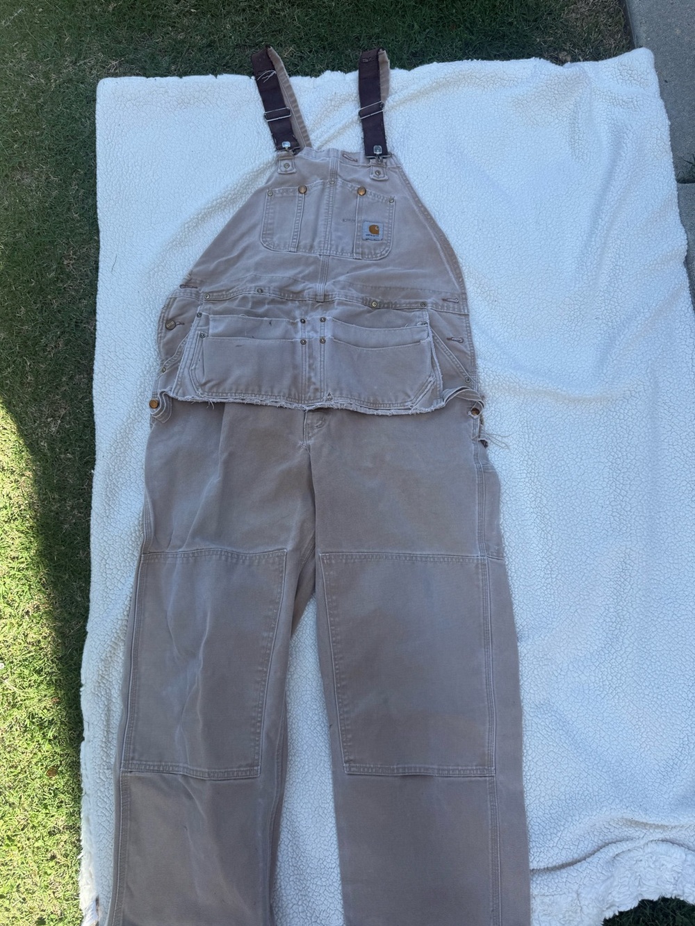Vintage Carhartt Women's Khaki/Tan Workwear Overalls with Brown Straps